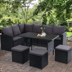 Outdoor Furniture Dining Setting Sofa Set Wicker 9 Seater Storage Cover Black