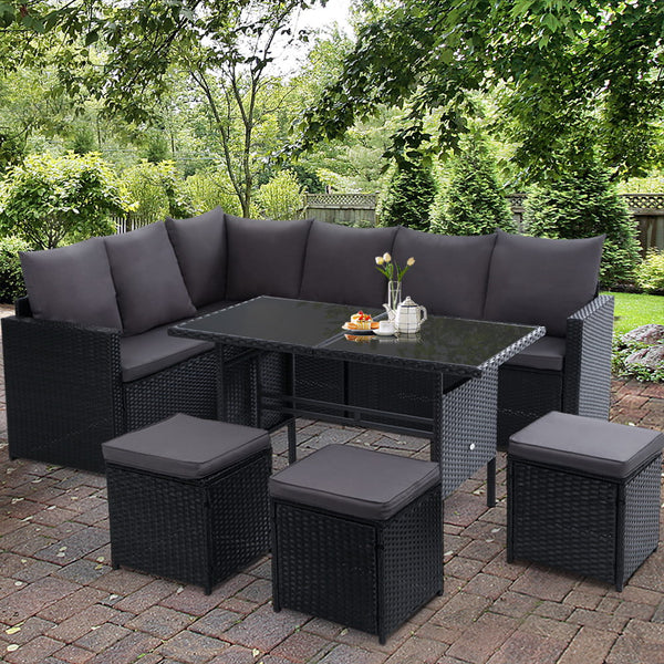  Outdoor Furniture Dining Setting Sofa Set Wicker 9 Seater Storage Cover Black