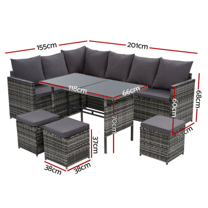 Outdoor Furniture Dining Setting Sofa Set Wicker 9 Seater Storage Cover Mixed Grey