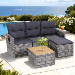 5 Pieces Outdoor Sofa Set 4-Seater Grey Rattan Patio Furniture Table and Chair Setting