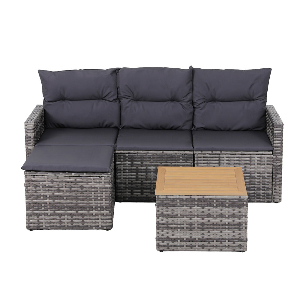 5 Pieces Outdoor Sofa Set 4-Seater Grey Rattan Patio Furniture Table and Chair Setting