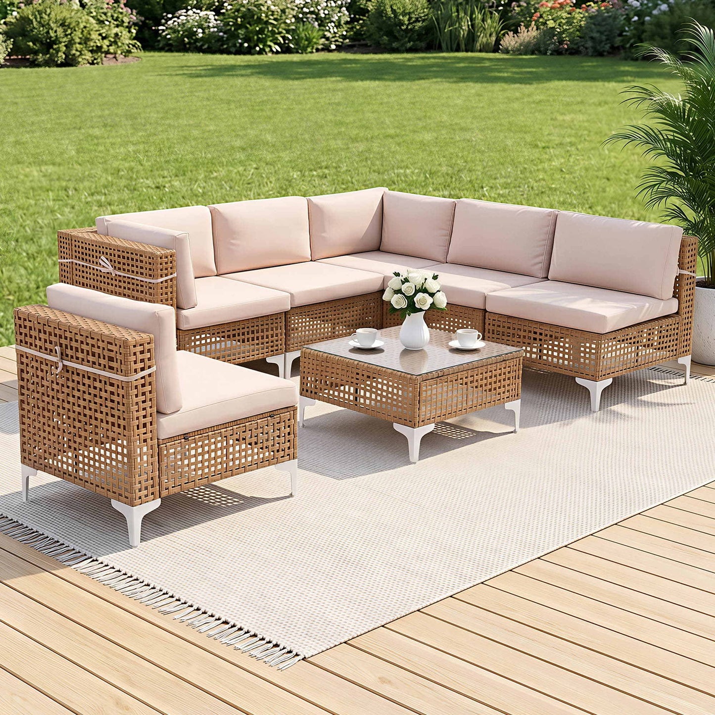 6 Seater Rattan Outdoor Sofa Set 7 Piece | HomeAndLiving