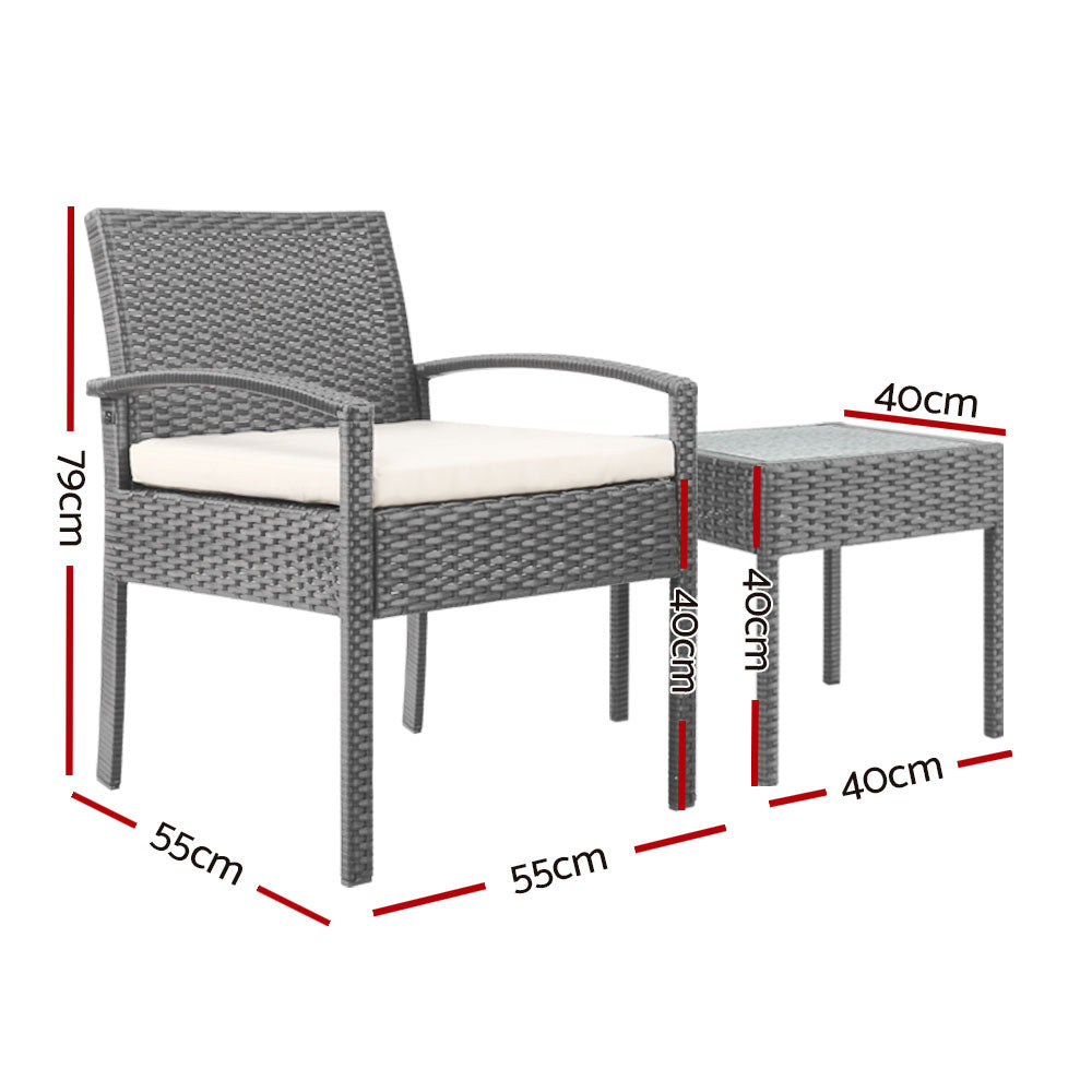 3Pc Patio Furniture Bistro Set Wicker Outdoor Lounge Setting Grey