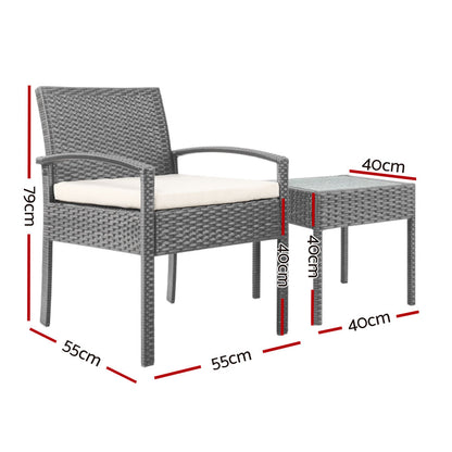 3Pc Patio Furniture Bistro Set Wicker Outdoor Lounge Setting Grey