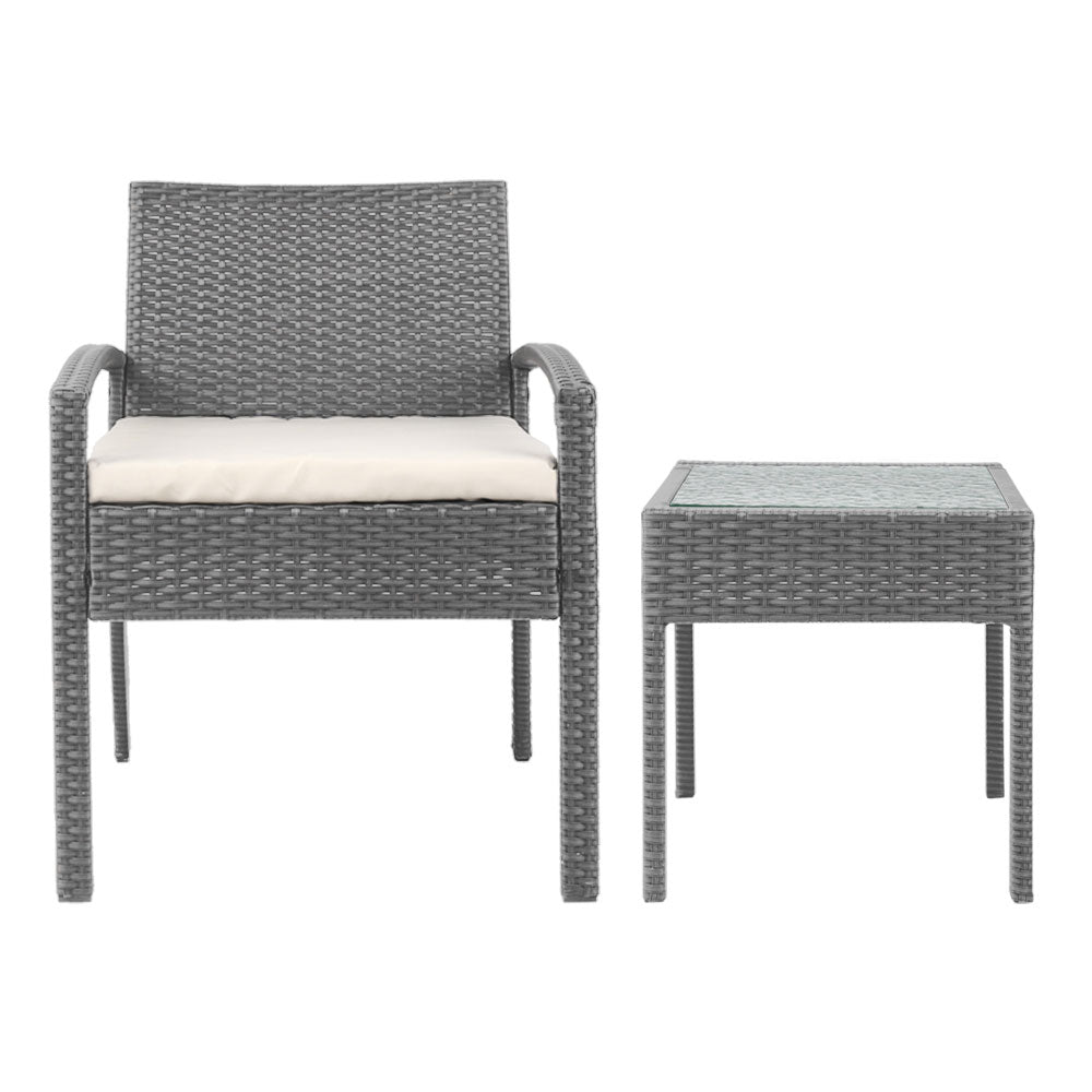 3Pc Patio Furniture Bistro Set Wicker Outdoor Lounge Setting Grey
