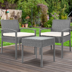 3Pc Patio Furniture Bistro Set Wicker Outdoor Lounge Setting Grey