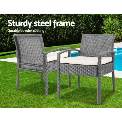 3Pc Patio Furniture Bistro Set Wicker Outdoor Lounge Setting Grey