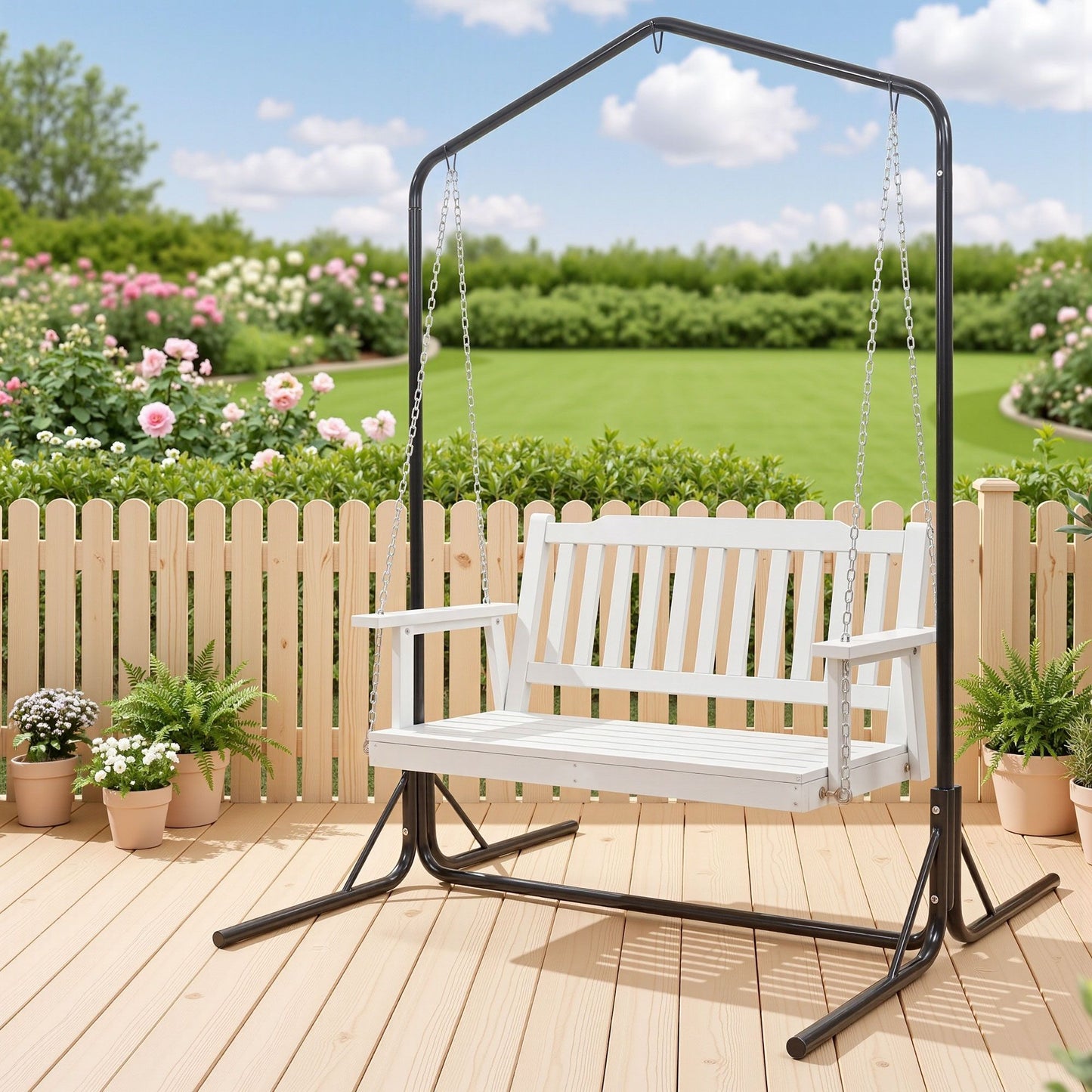 2-Seater Outdoor Swing Chair White Black Stand | HomeAndLivi