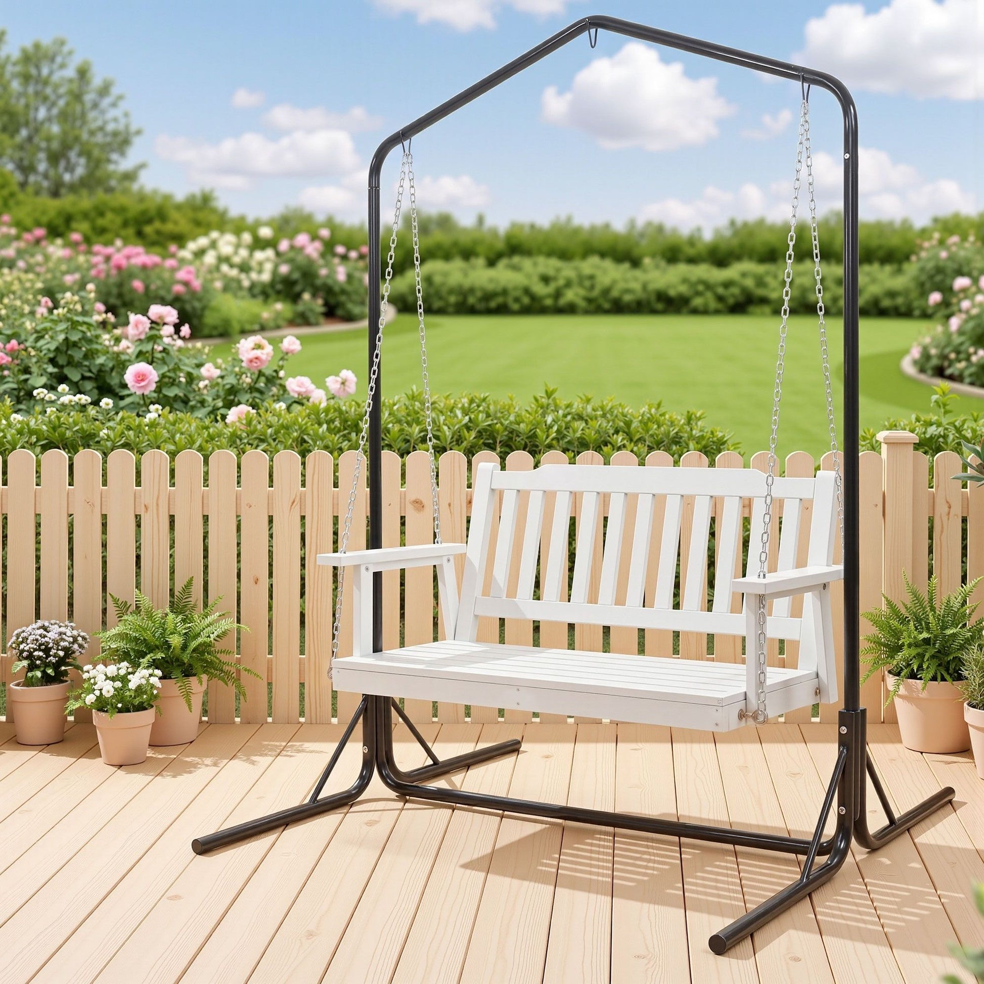 2-Seater Outdoor Swing Chair White Black Stand | HomeAndLivi