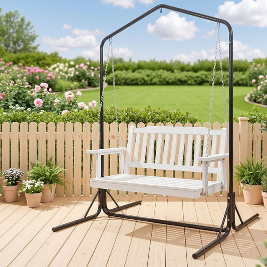 2-Seater Outdoor Swing Chair White Black Stand | HomeAndLivi