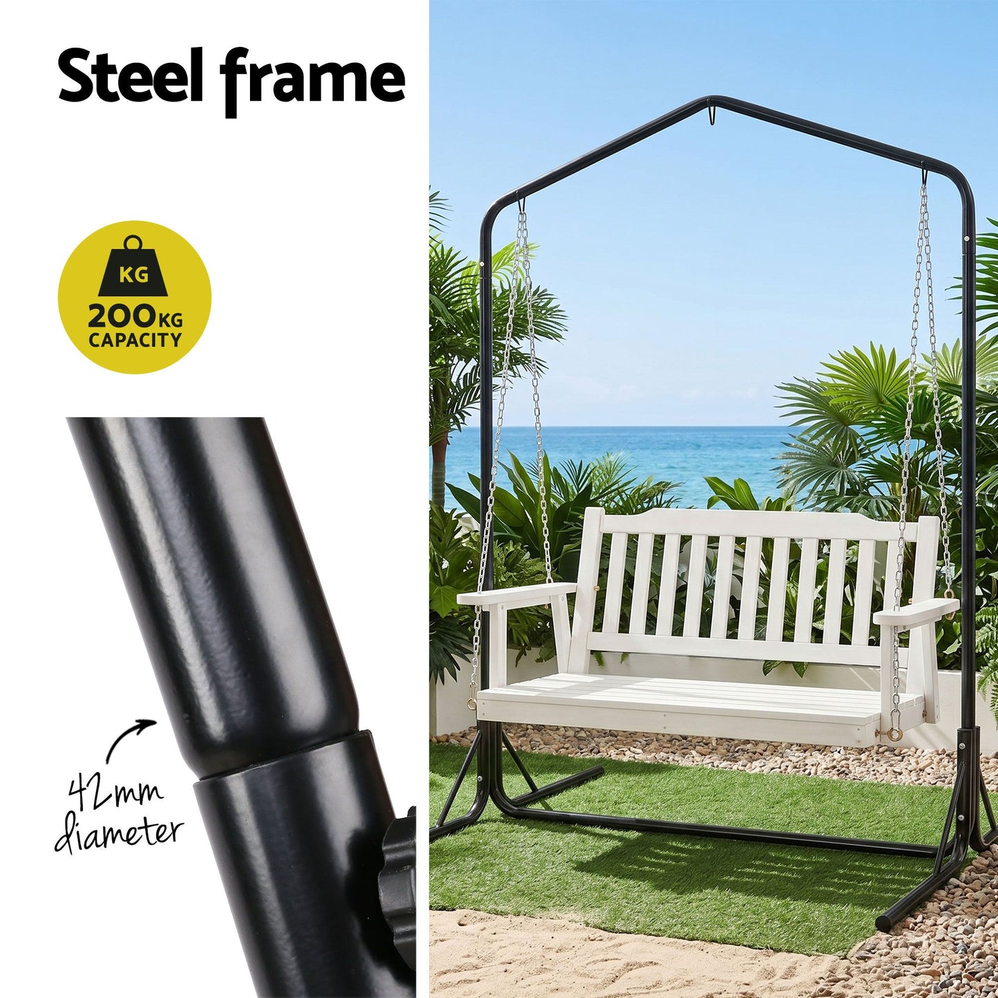 2-Seater Outdoor Swing Chair White Black Stand | HomeAndLivi - 6