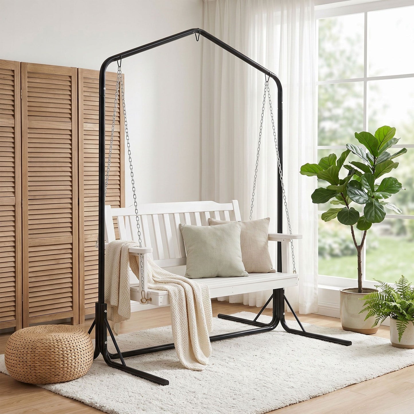 2-Seater Outdoor Swing Chair White Black Stand | HomeAndLivi - 7