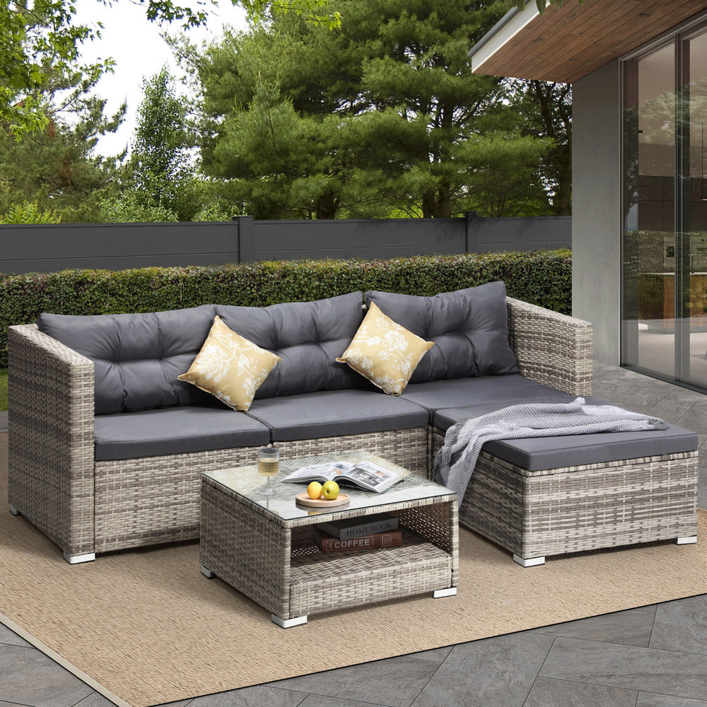 5-Piece Outdoor Lounge Setting Wicker Sofa Set Rattan Patio Garden Grey