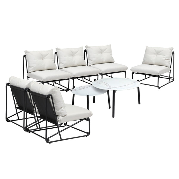  8PCS Outdoor Sofa Set 2-in-1 Coffee Table with Chairs Beige