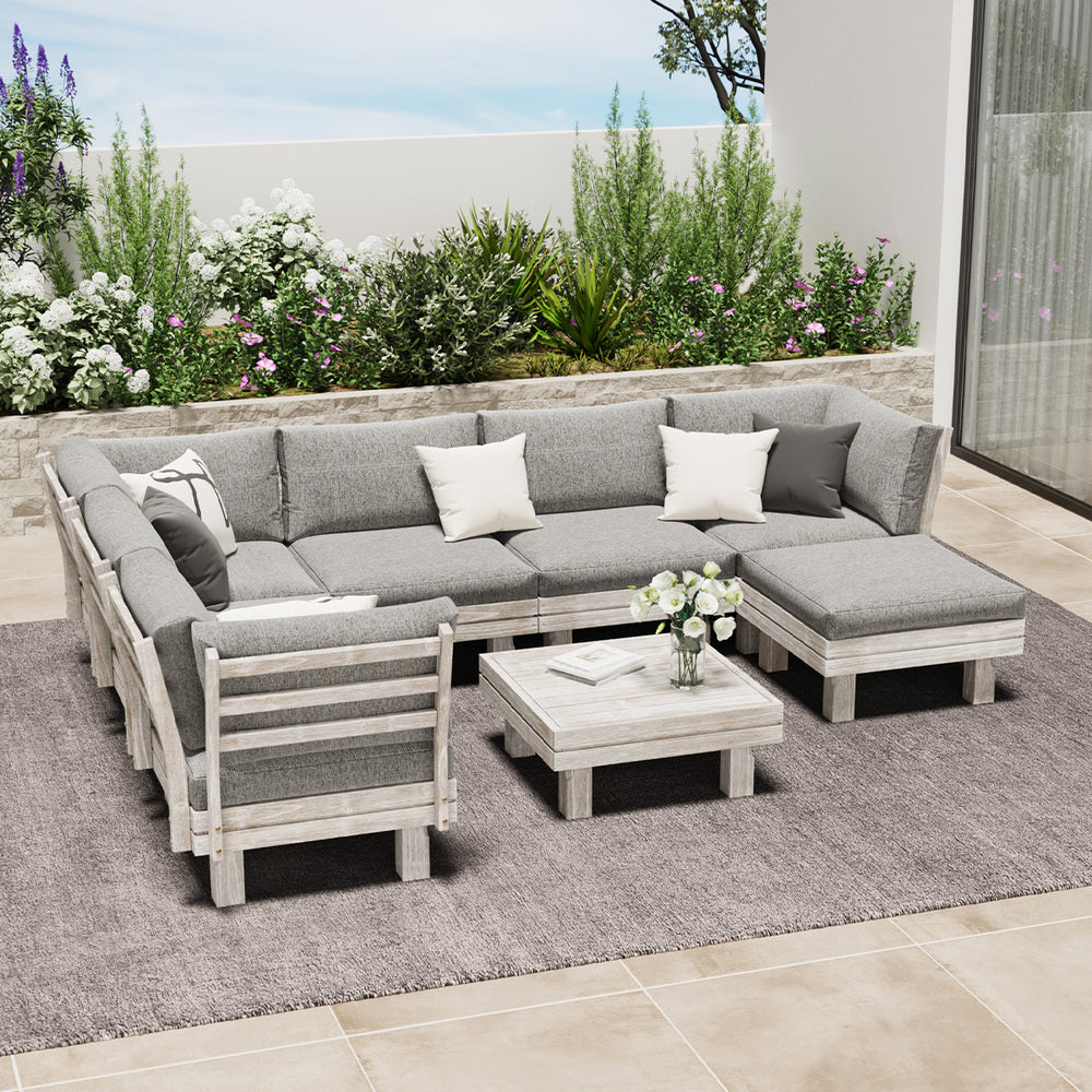 8PCS Outdoor Sofa Set Wooden Lounge Setting Table Chair