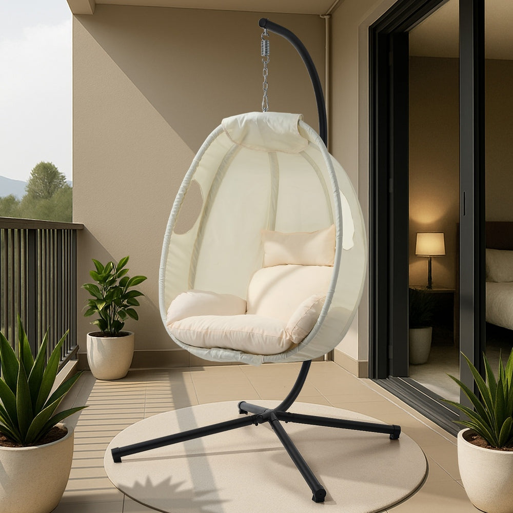 Outdoor Egg Hanging Chair Swing Seat with Stand Cushions Beige & Grey