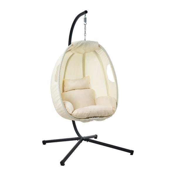  Outdoor Egg Hanging Chair Swing Seat with Stand Cushions Beige & Grey