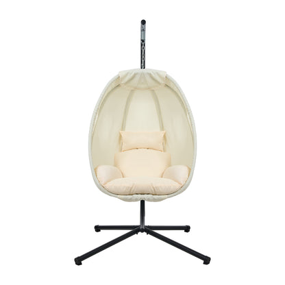 Outdoor Egg Hanging Chair Swing Seat with Stand Cushions Beige & Grey