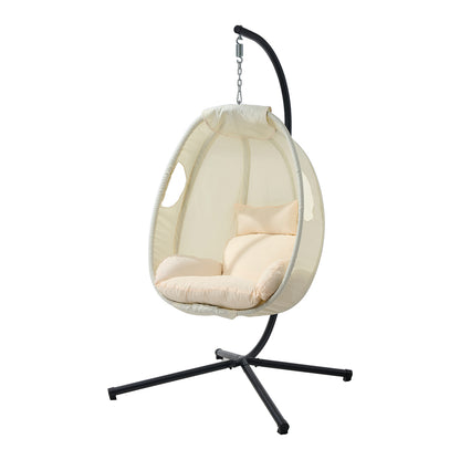 Outdoor Egg Hanging Chair Swing Seat with Stand Cushions Beige & Grey