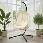 Outdoor Egg Hanging Chair Swing Seat with Stand Cushions Beige & Grey