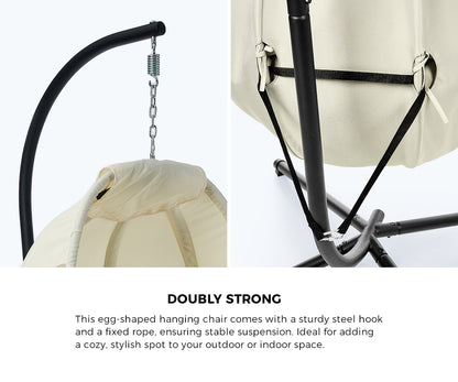 Outdoor Egg Hanging Chair Swing Seat with Stand Cushions Beige & Grey