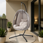 Outdoor Egg Hanging Chair Swing Seat with Stand Cushions Beige & Grey
