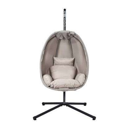 Outdoor Egg Hanging Chair Swing Seat with Stand Cushions Beige & Grey