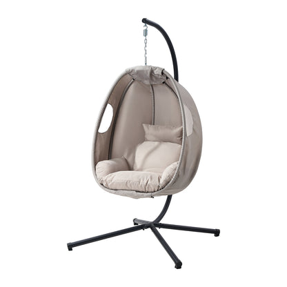 Outdoor Egg Hanging Chair Swing Seat with Stand Cushions Beige & Grey