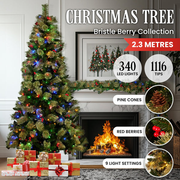  2.3m Bristle Berry Multicolour Pre-Lit Christmas Tree with 1116 Tips