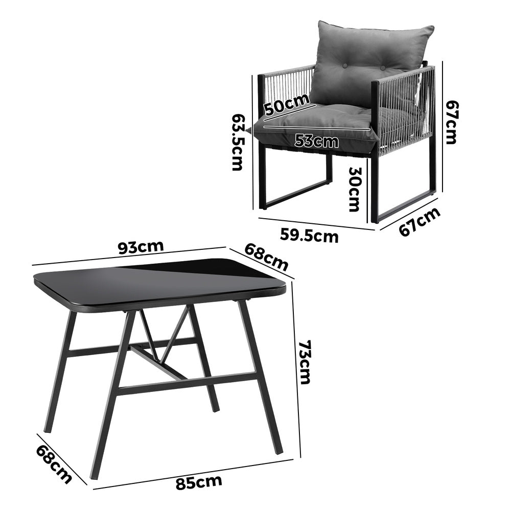 3PCS Outdoor Dining Set Coffee Table Armchairs with Cushions