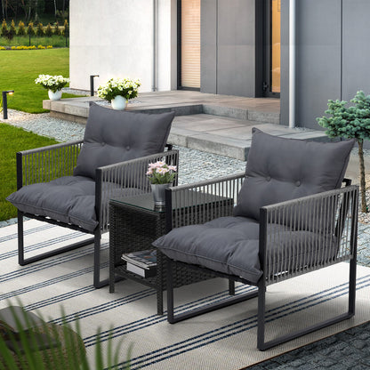 3PCS Outdoor Patio Set Wicker Table Chairs with Cushions