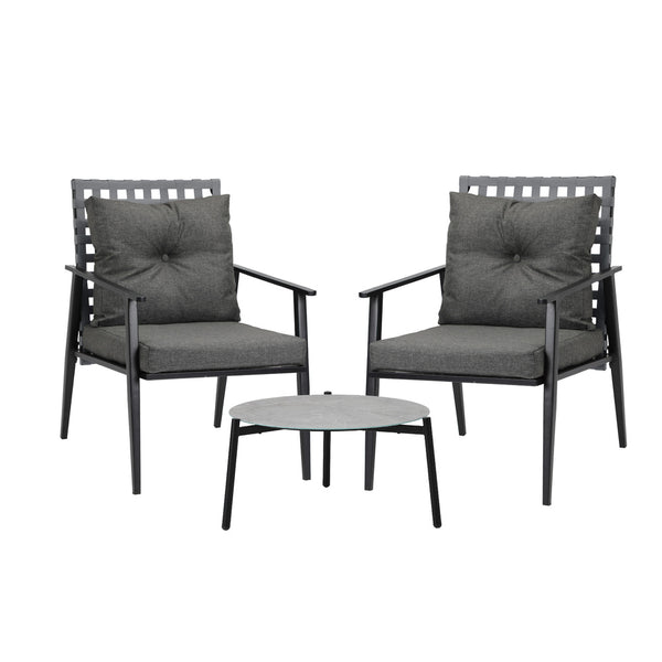  3PCS Outdoor Patio Set 50CM Grey Marble Table Rattan Chairs