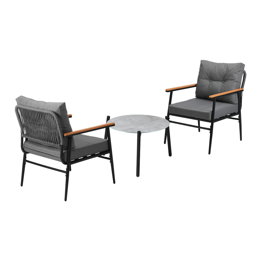 3 Piece Outdoor Patio Set 50cm Table Grey and Black Armchair