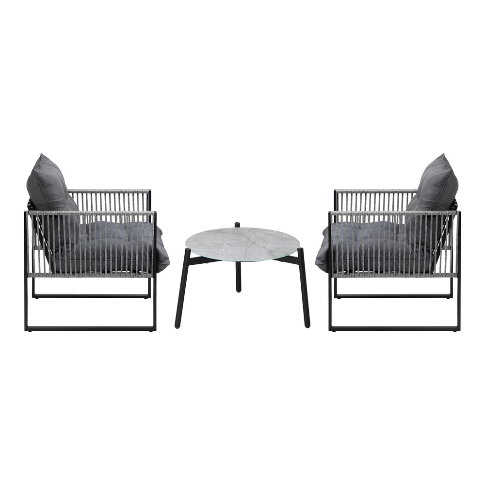 3PCS Outdoor Patio Set 50cm Grey Table Cushioned Armchairs