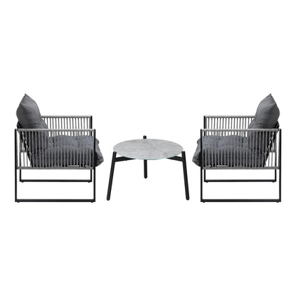 3PCS Outdoor Patio Set 50cm Grey Table Cushioned Armchairs