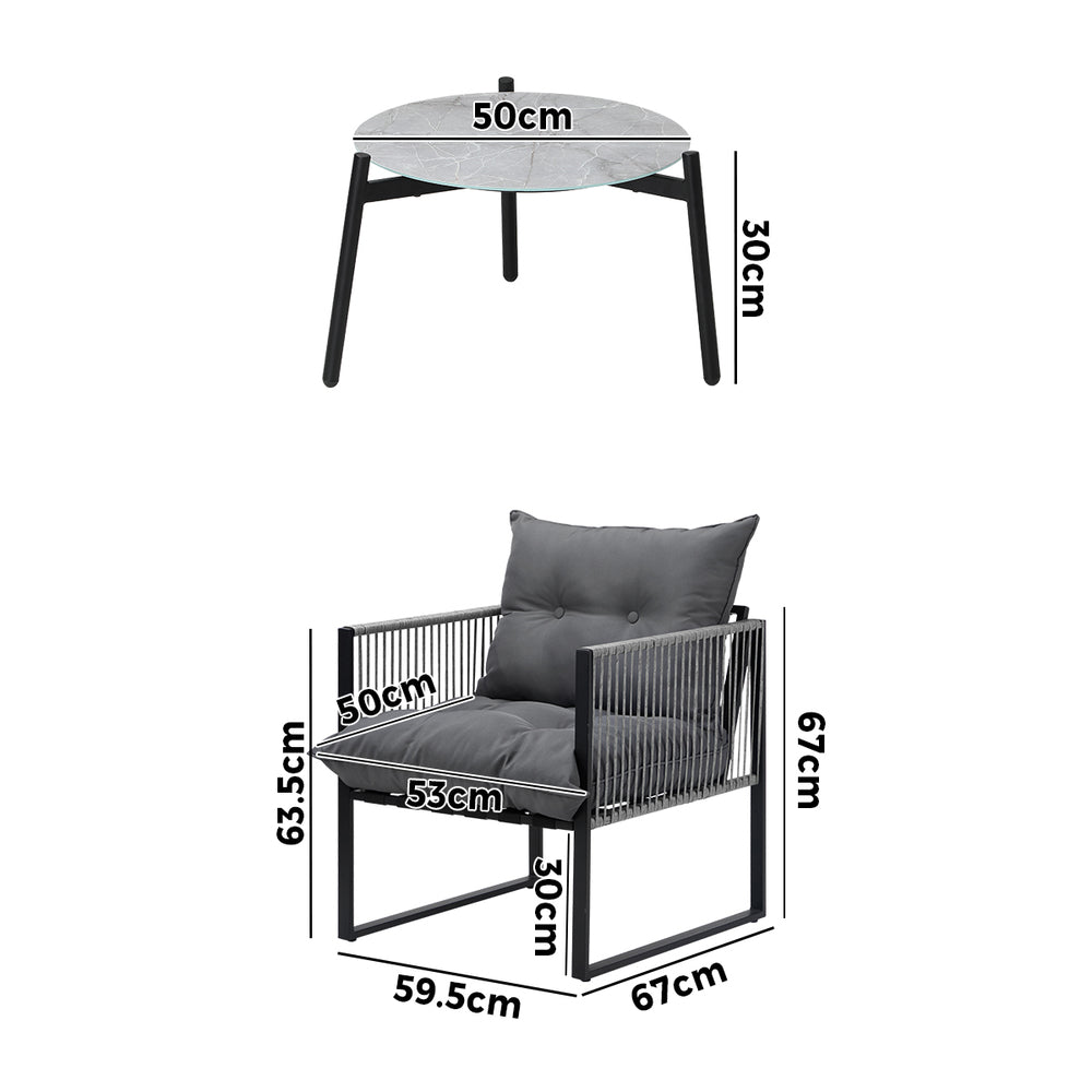 3PCS Outdoor Patio Set 50cm Grey Table Cushioned Armchairs