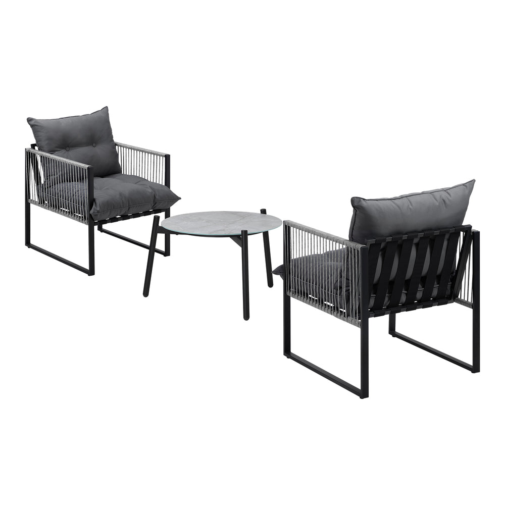 3PCS Outdoor Patio Set 50cm Grey Table Cushioned Armchairs