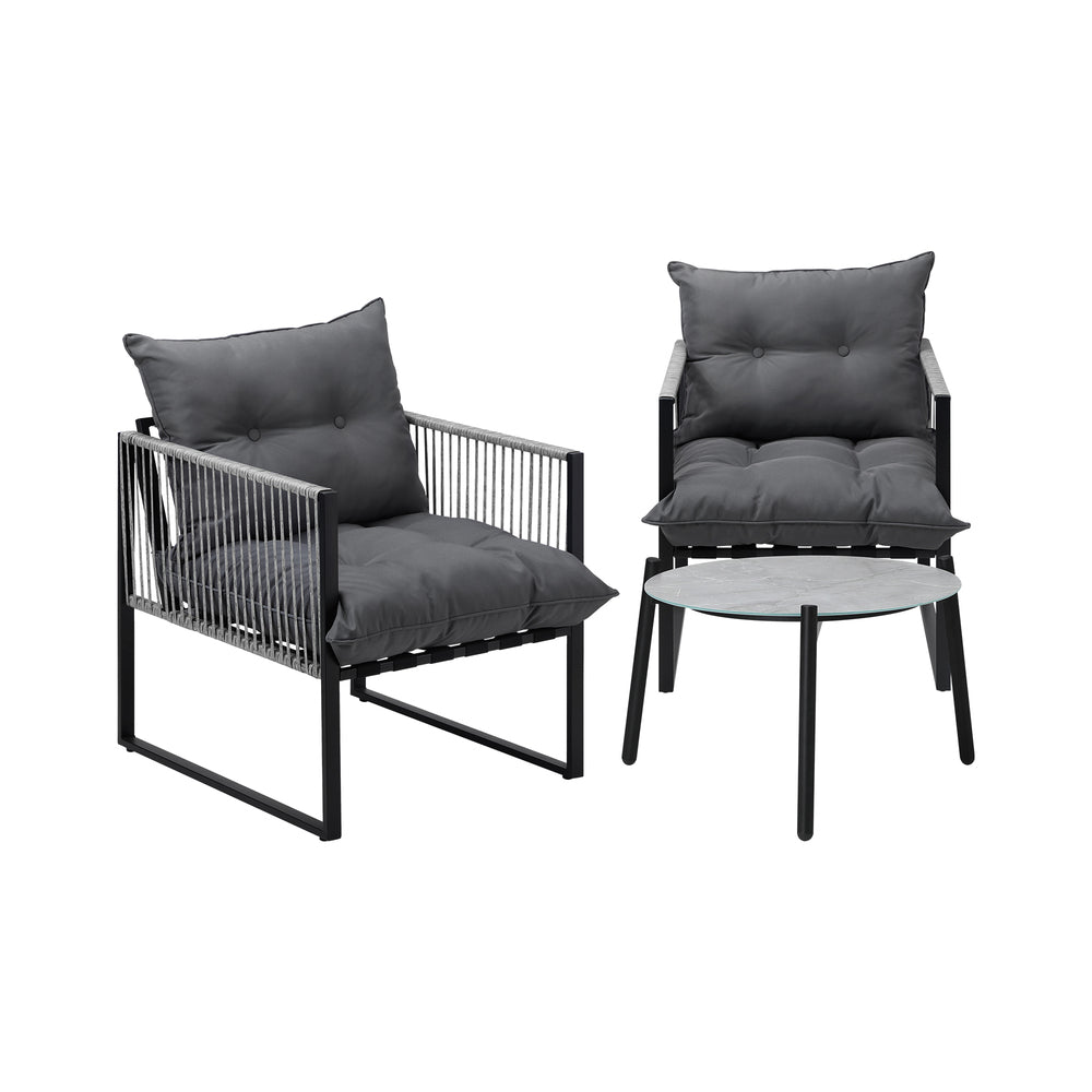 3PCS Outdoor Patio Set 50cm Grey Table Cushioned Armchairs
