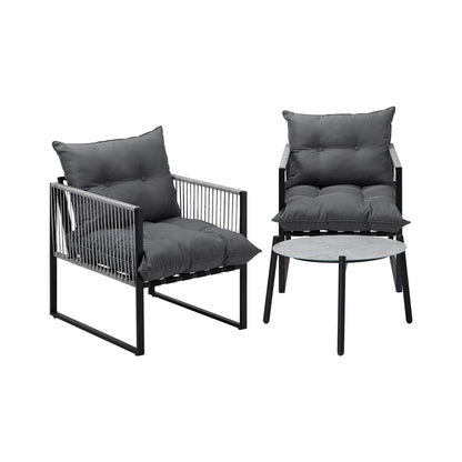 3PCS Outdoor Patio Set 50cm Grey Table Cushioned Armchairs