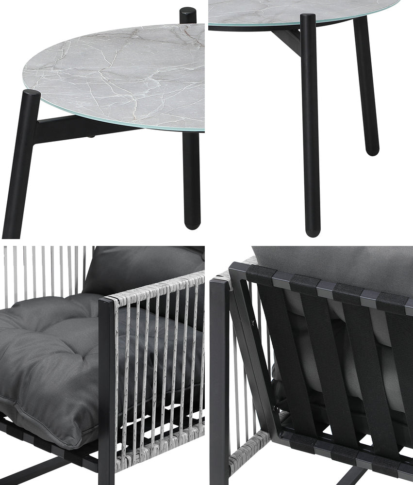 3PCS Outdoor Patio Set 50cm Grey Table Cushioned Armchairs