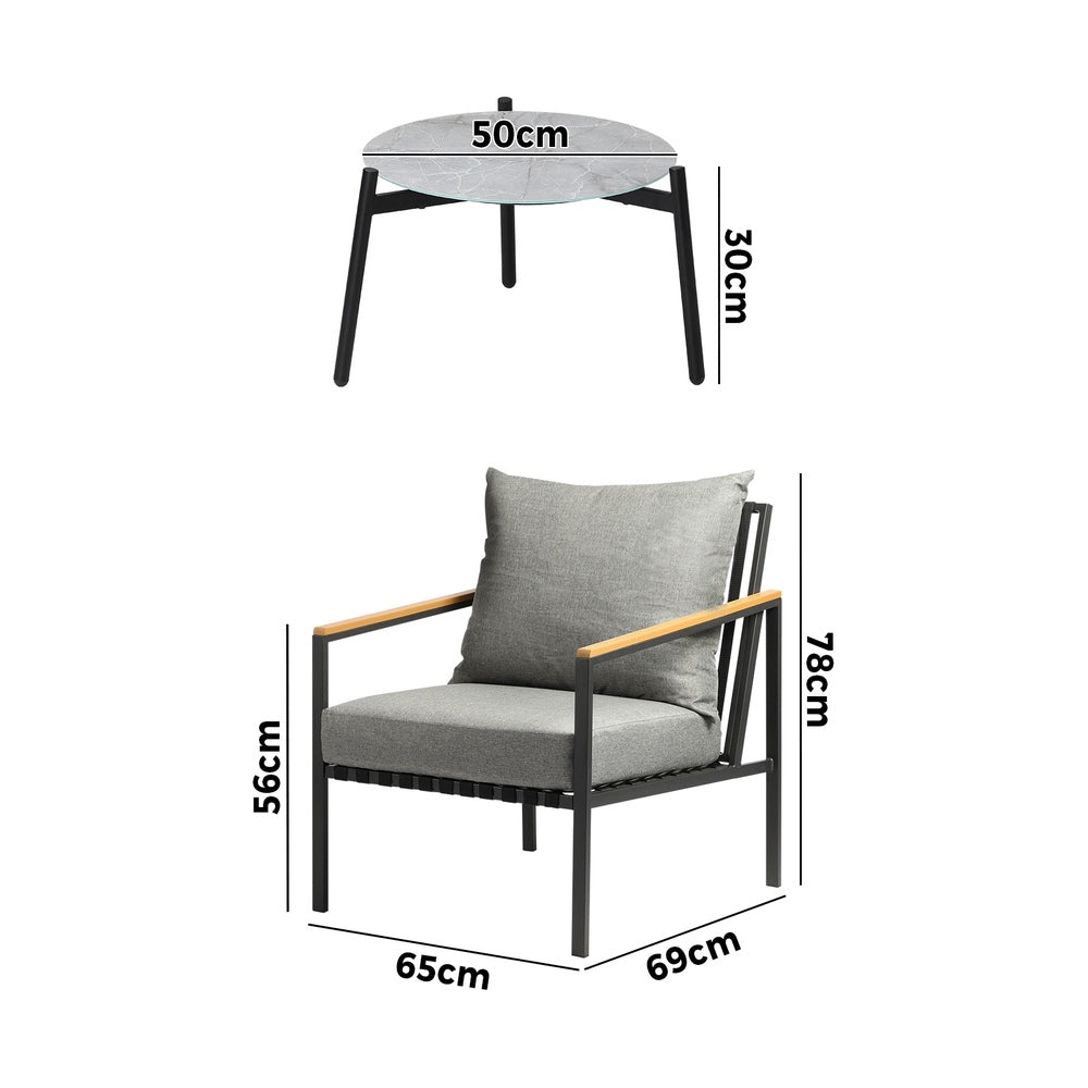 3PCS Outdoor Lounge Set Grey 50cm Coffee Table Chairs