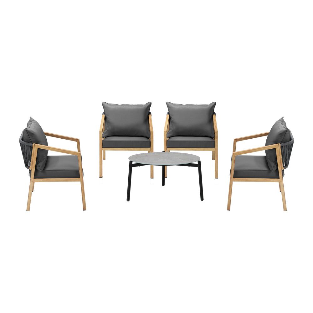 5PCS Outdoor Patio Set 70cm Coffee Table Grey and Natural Chairs