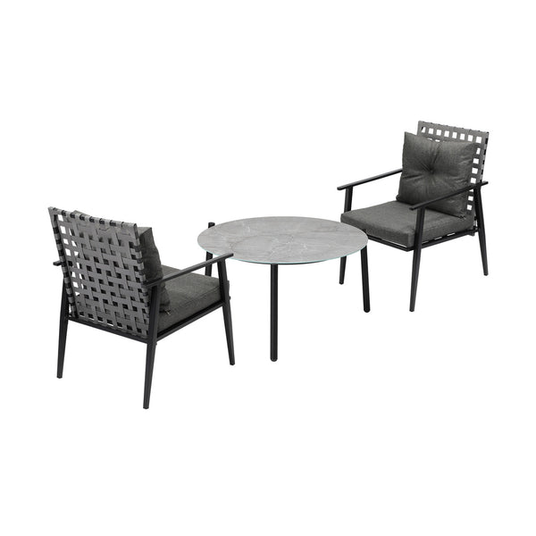  3PC Outdoor Patio Set 70CM Grey Marble Table Rattan Chairs
