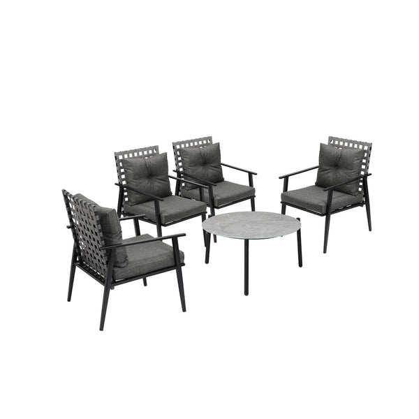 5pc Outdoor Patio Set 70CM Grey Marble Table Rattan Chairs