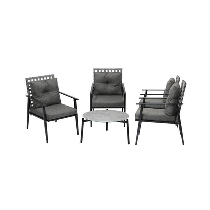 5pc Outdoor Patio Set 70CM Grey Marble Table Rattan Chairs