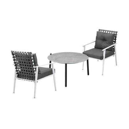 3PC Outdoor Patio Set 70CM Grey Marble Table Rattan Chairs