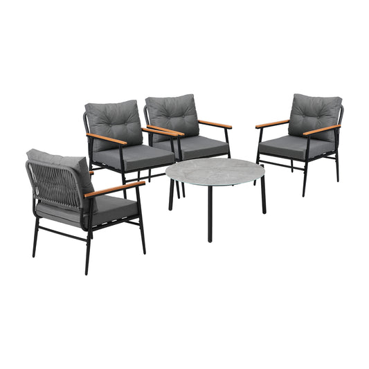 5pc Outdoor Patio Setting 70cm Table White Grey & Black Armchairs