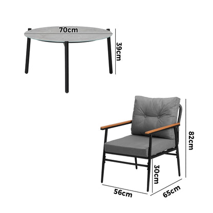 5pc Outdoor Patio Setting 70cm Table White Grey & Black Armchairs