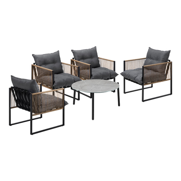  5PCS Outdoor Patio Set with White & Grey Rattan Chairs & 70cm Coffee Table Garden