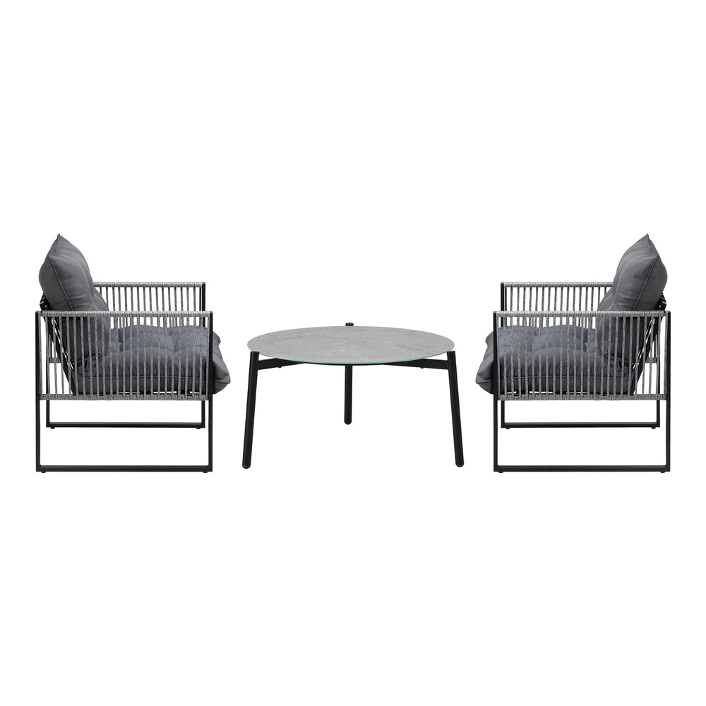 3PCS Outdoor Patio Set Grey 70cm Table Cushioned Armchairs